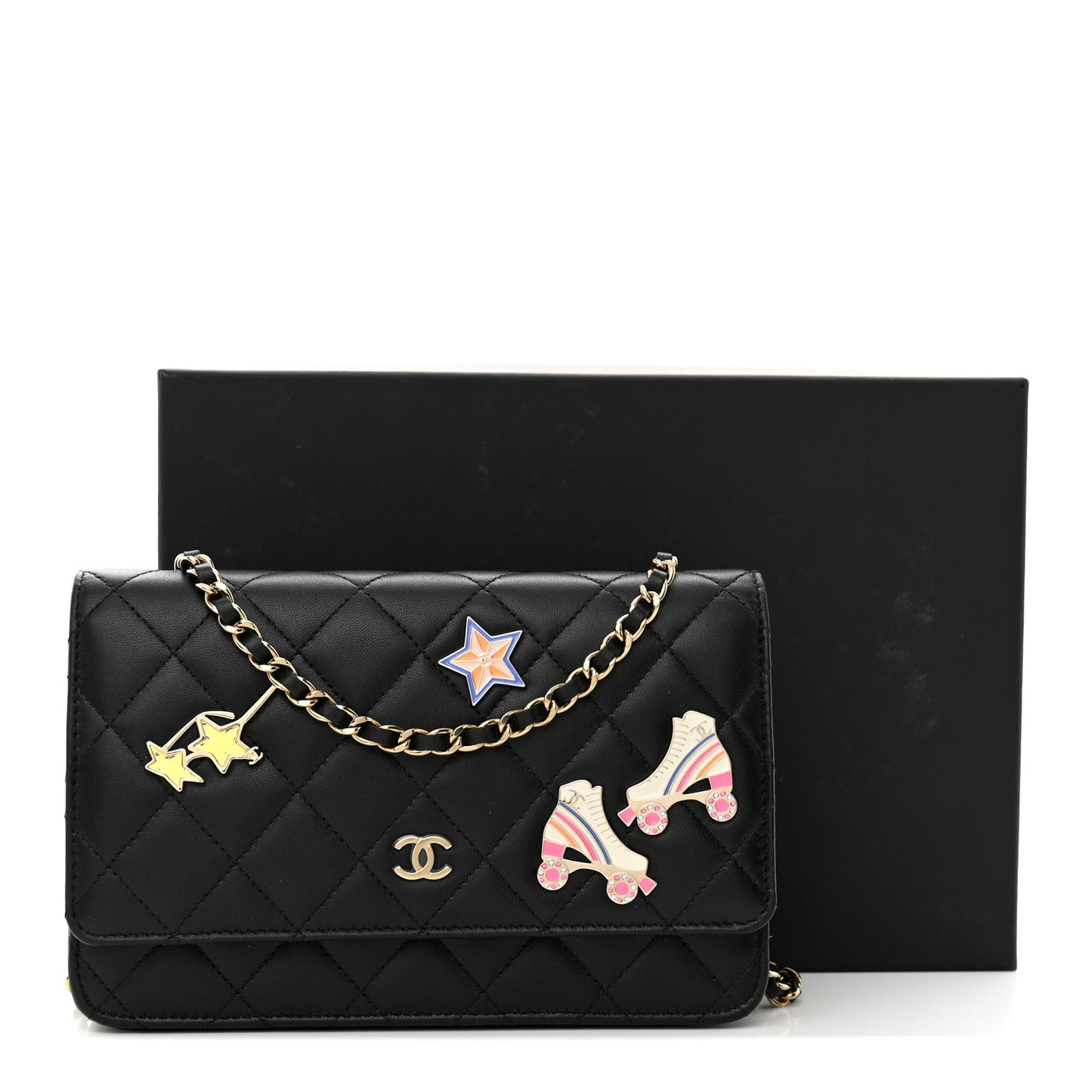 Lambskin Quilted Enamel Wallet On Chain WOC Black