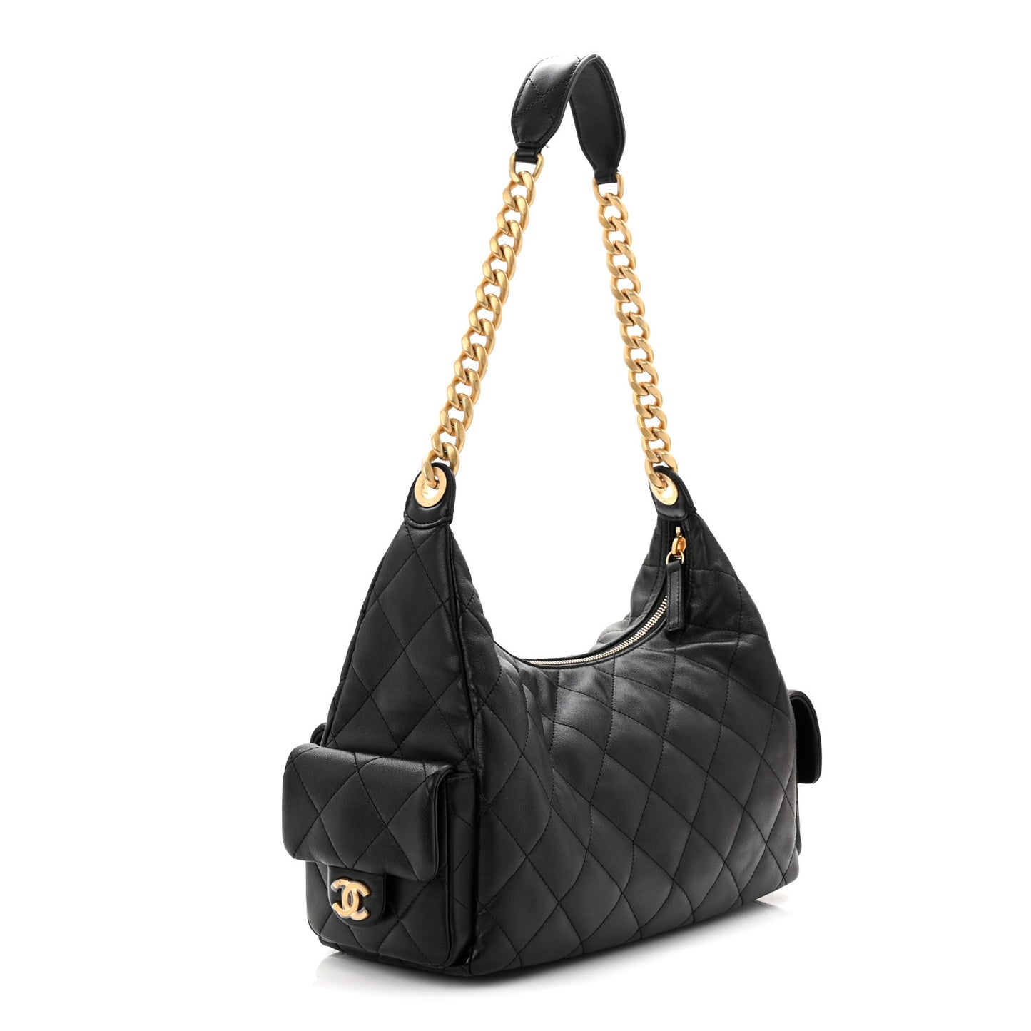 Shiny Lambskin Quilted Trendy Pockets Hobo Black