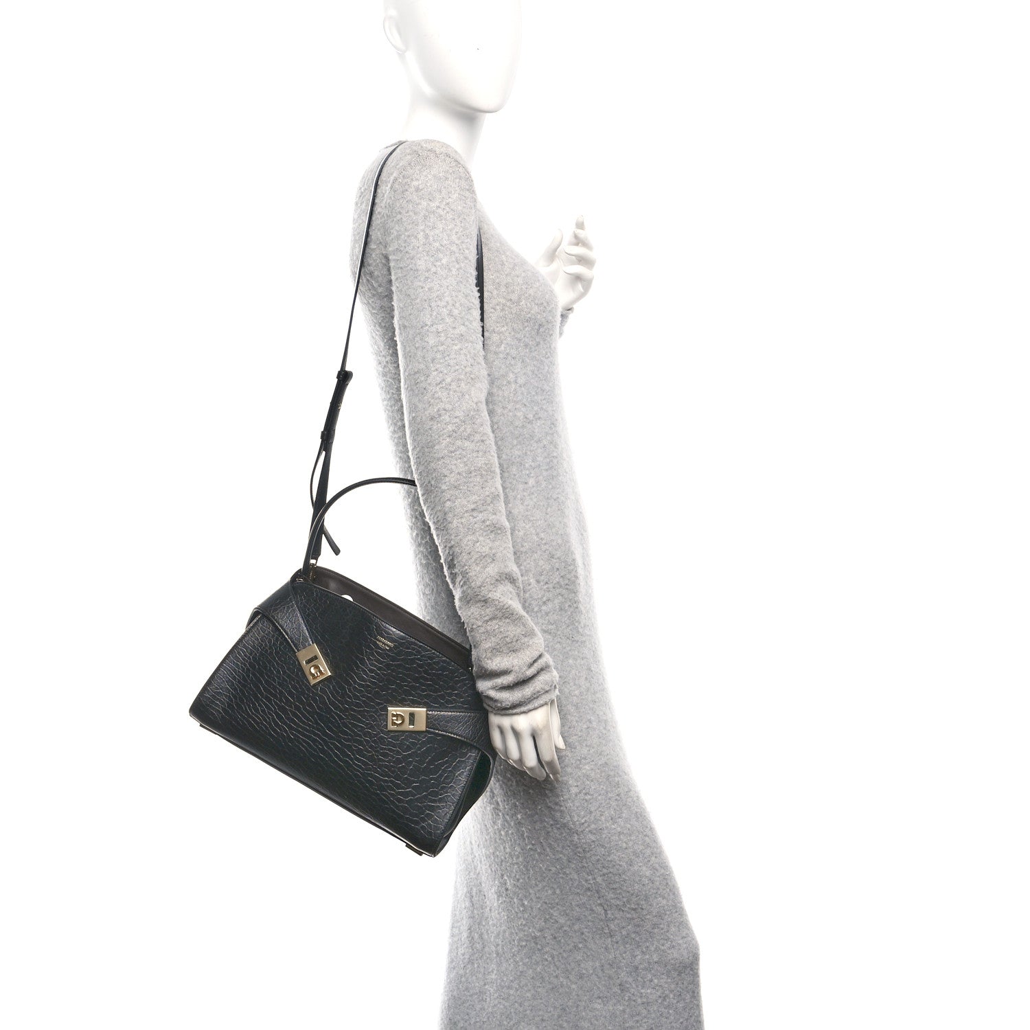 Salvatore Ferragamo Washed Calfskin Medium Hug Soft Bicolor Shoulder Bag Black Testa Di Moro 2 of 9