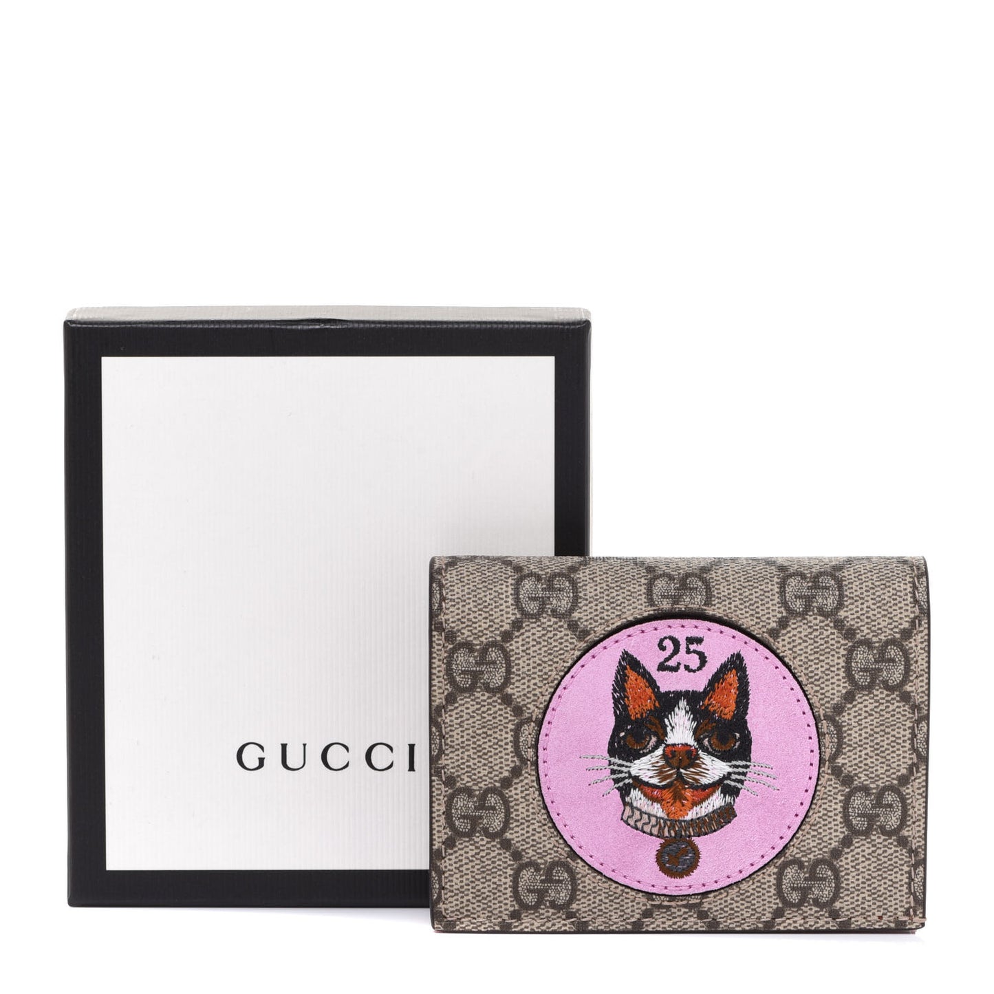 GG Supreme Monogram Bosco Patch Card Case Wallet Beige Malva Hibiscus Red