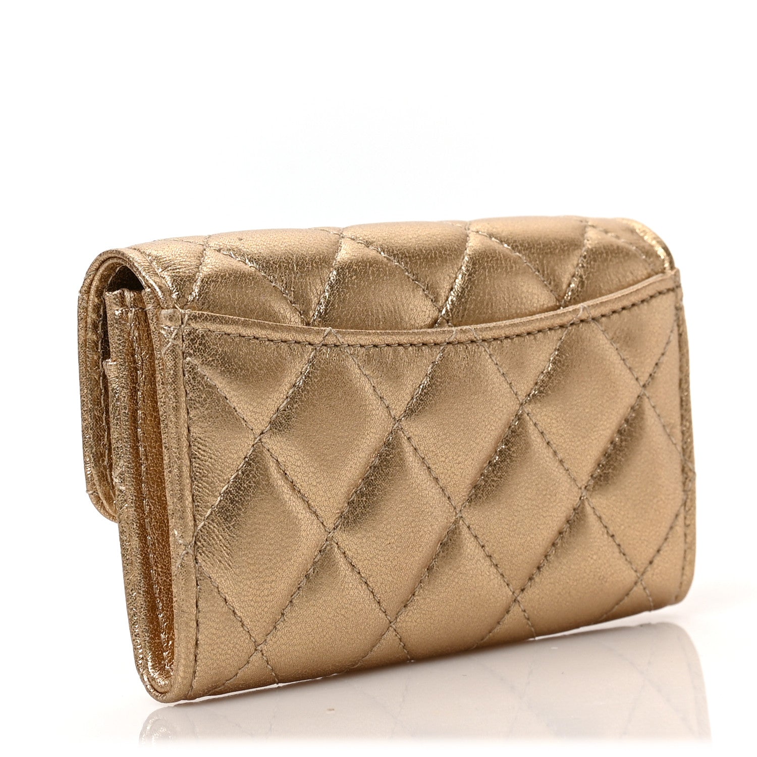 Chanel Metallic Lambskin Quilted Flap Card Holder Wallet Gold 3 of 8
