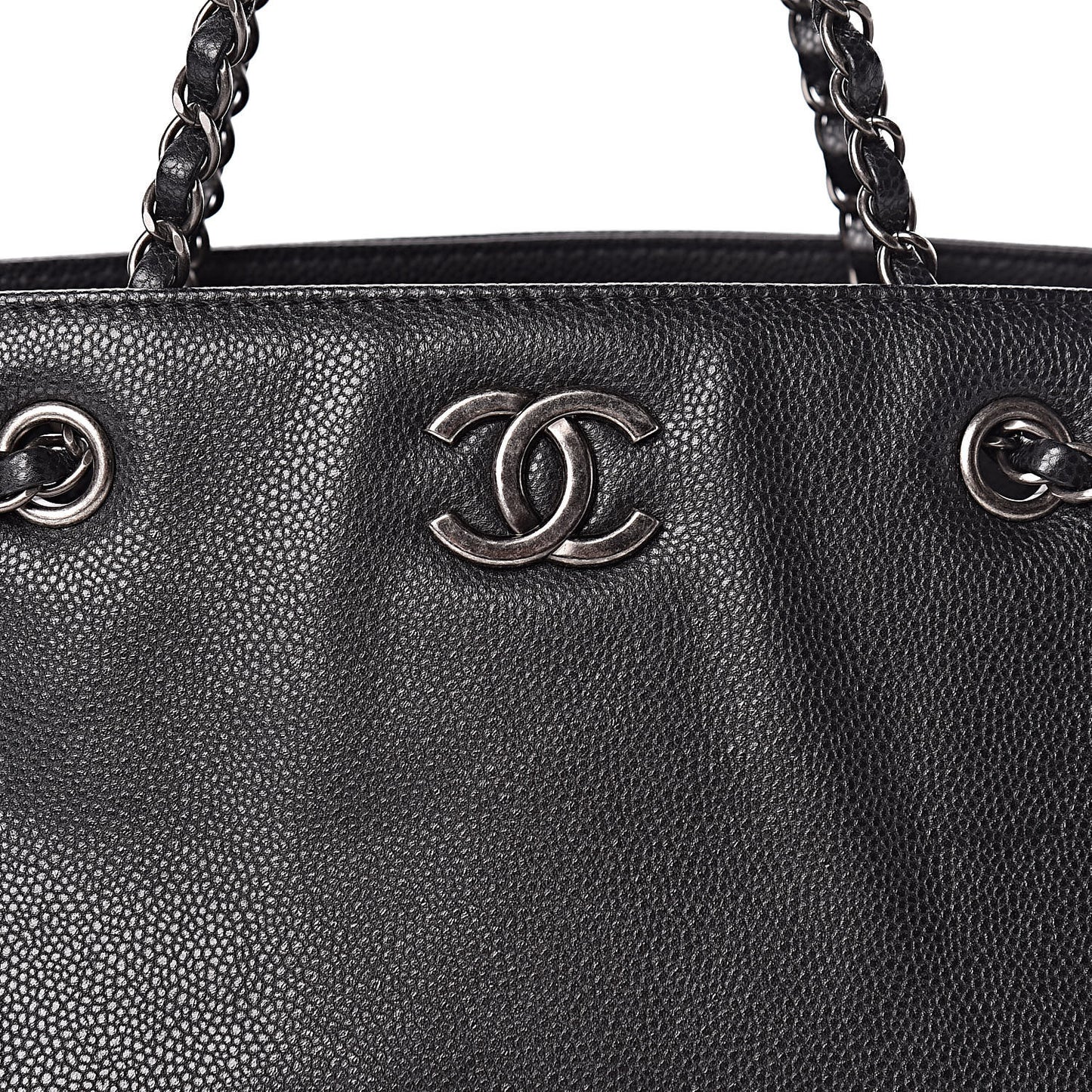 Metallic Grained Calfskin Woven Chain Large Shopping Bag Black