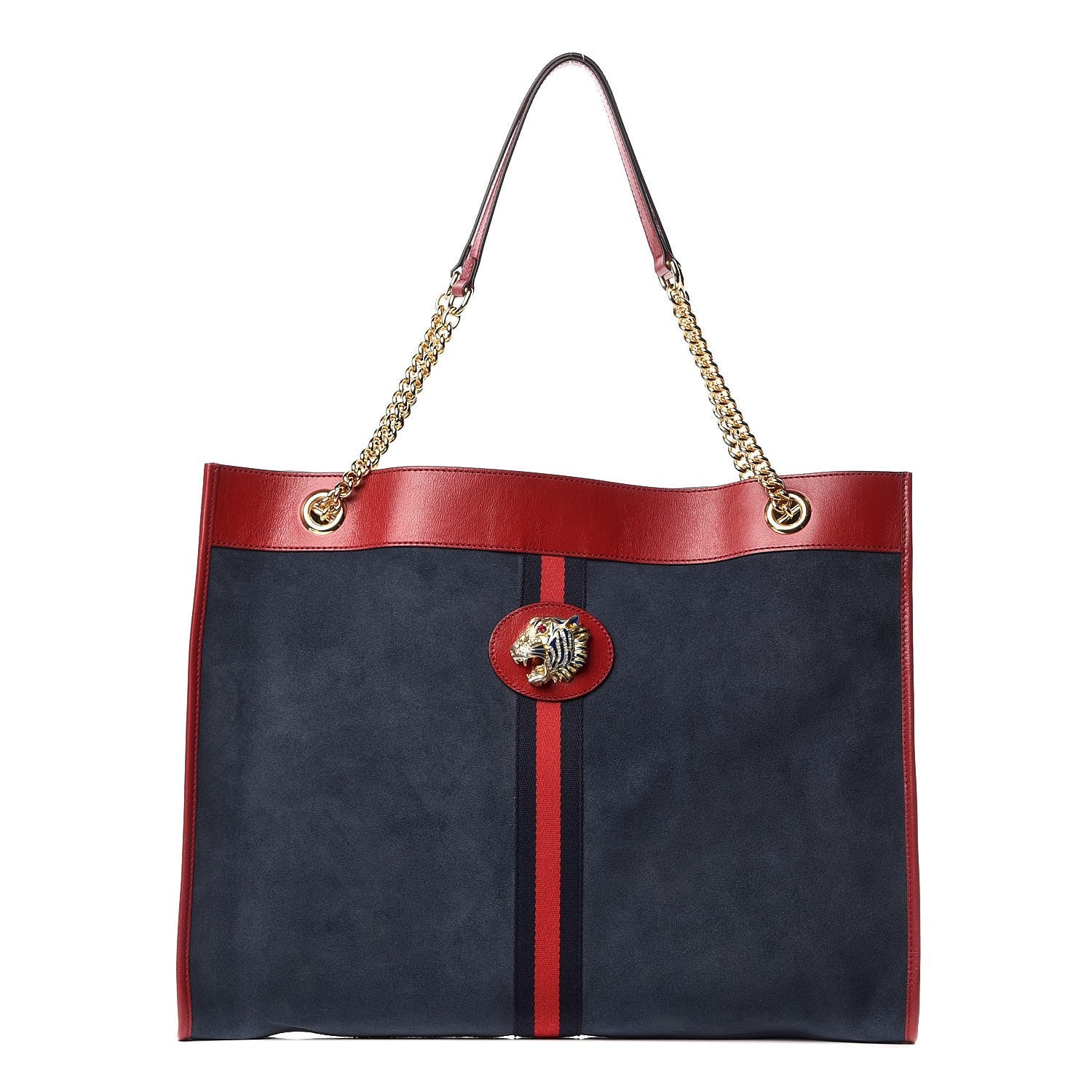 Gucci Suede Calfskin Large Rajah Chain Tote New Blue Romantic Cherry 3 of 10