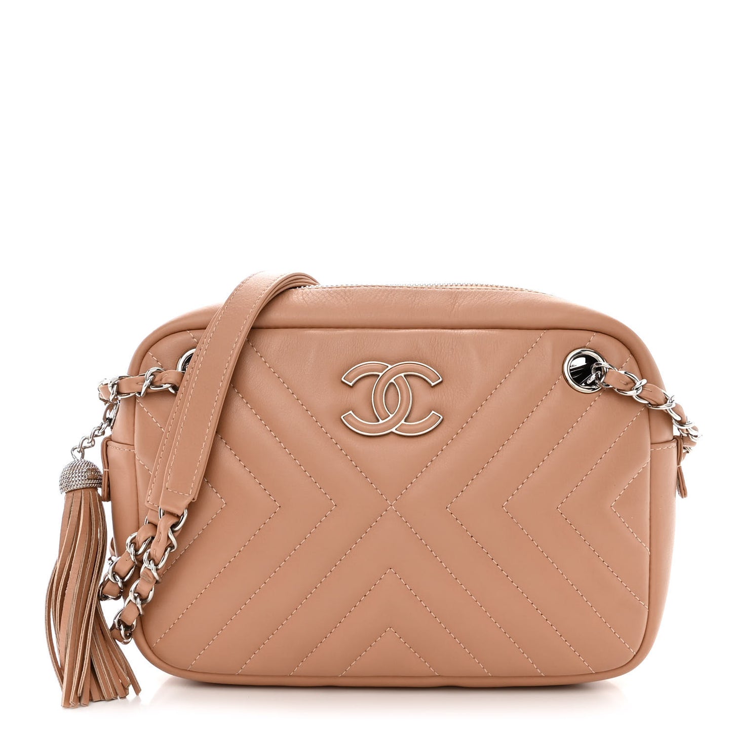 Lambskin Diagonal Chevron Quilted Tassel Camera Case Case Beige