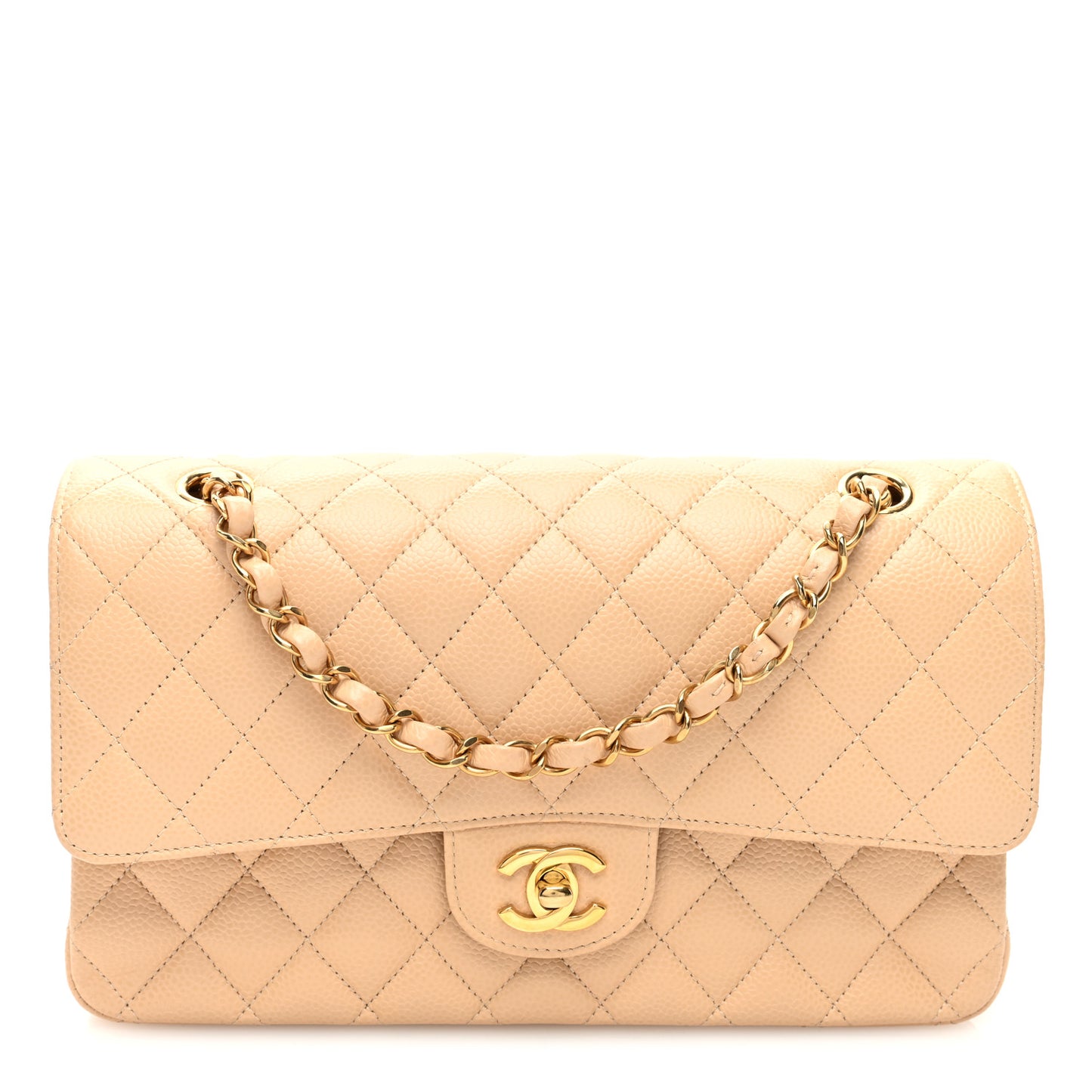 Caviar Quilted Medium Double Flap Beige