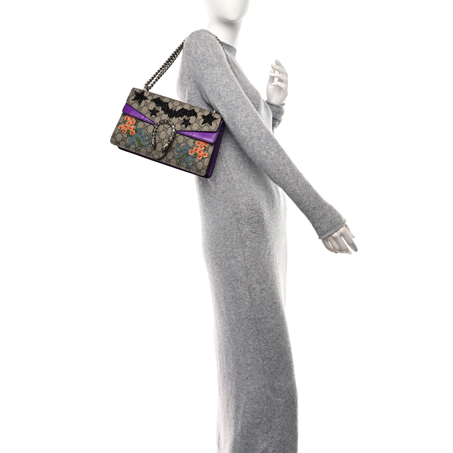 Gucci GG Supreme Monogram Snakeskin Bat Embroidered Small Dionysus Shoulder Bag Purple 2 of 14