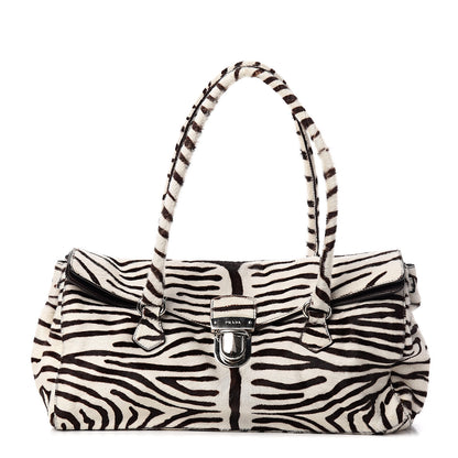 Prada Calf Hair Zebra Print Easy Foldover Pushlock Satchel White Moro 1 of 10
