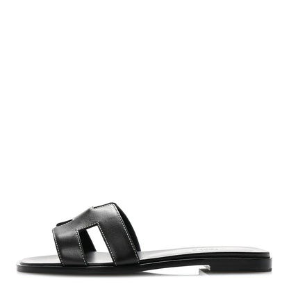 Hermes Box Calfskin Oran Sandals 37.5 Black 1 of 9