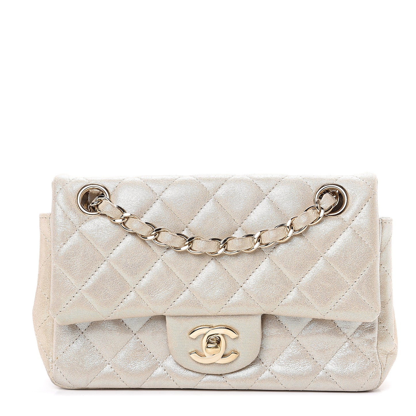 Iridescent Calfskin Quilted Mini Rectangular Flap Light Gold