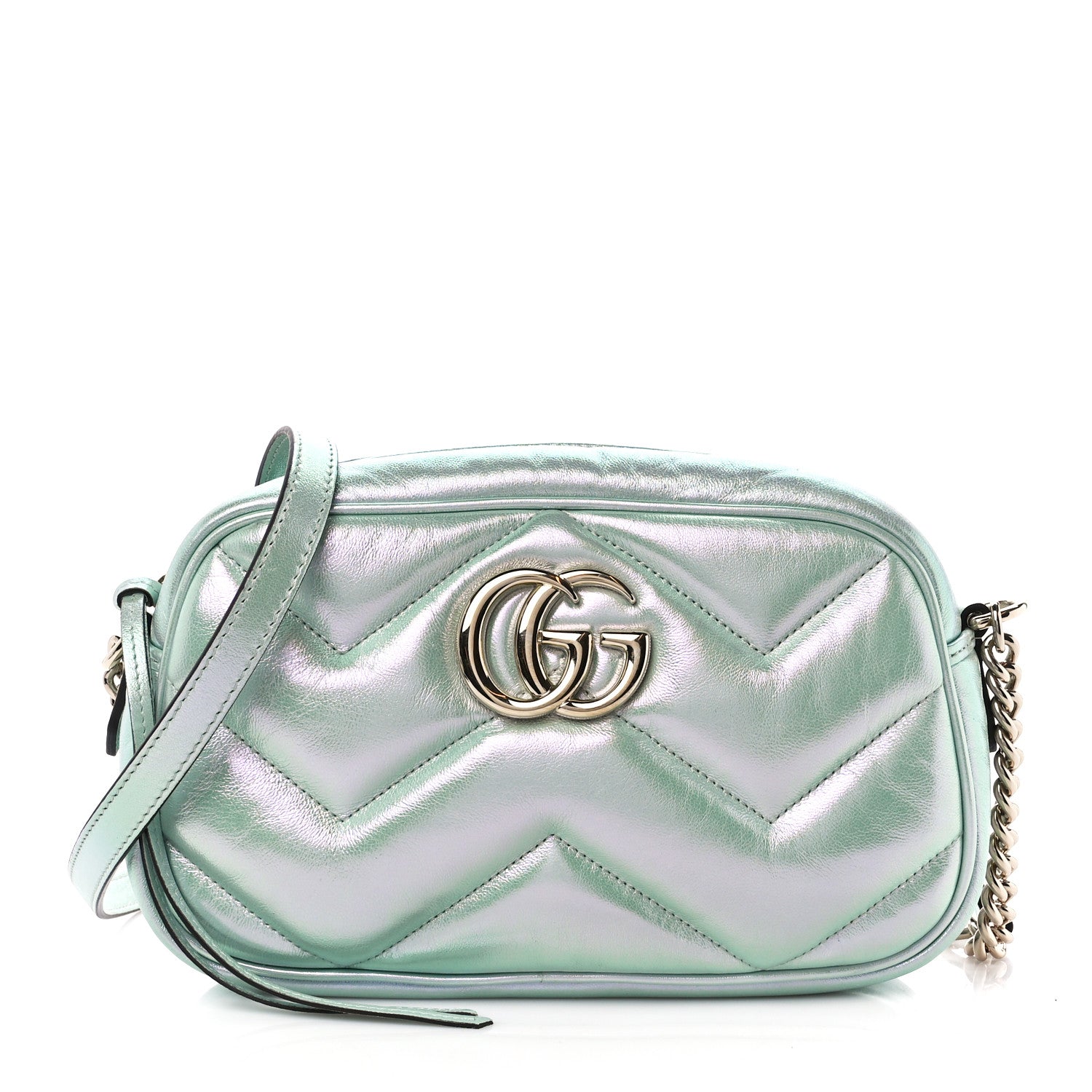 GUCCI Iridescent Nappa Chevron Matelasse Small GG Marmont Chain Shoulder Bag in the color Iridescent Salvy Green by FASHIONPHILE