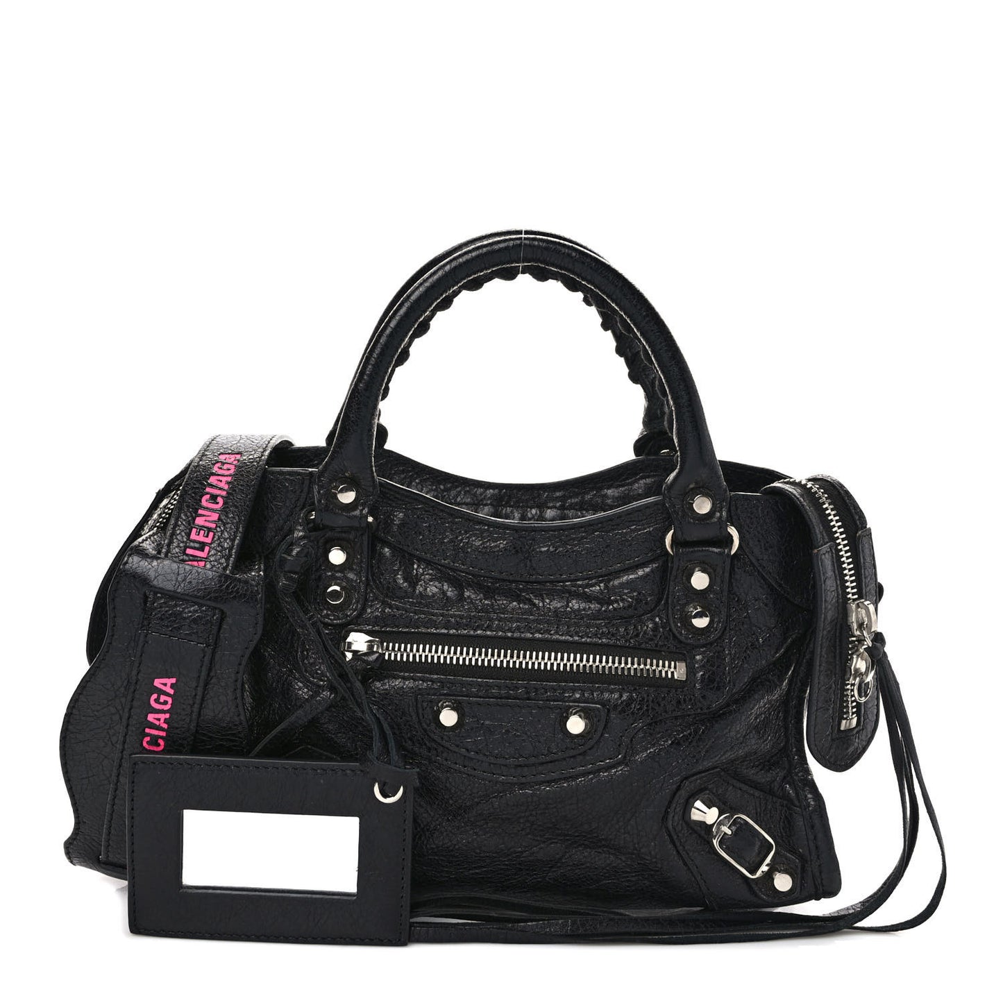 Agneau Classic Silver Hardware Mini City Logo Strap Black Pink