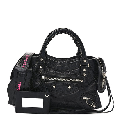 Balenciaga Agneau Classic Silver Hardware Mini City Logo Strap Black Pink 1 of 13