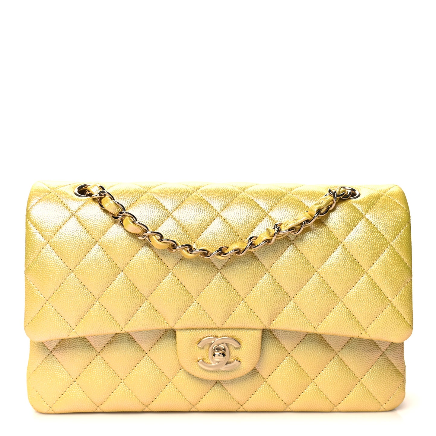 Iridescent Caviar Quilted Medium Double Flap Yellow