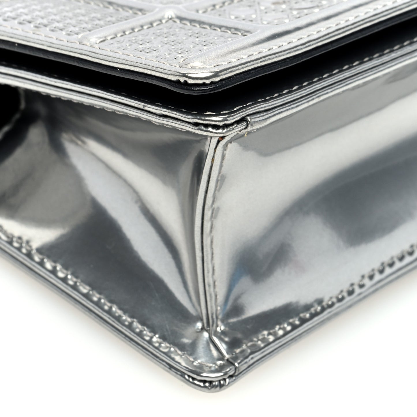 Metallic Patent Micro-Cannage Diorama Wallet on Chain Pouch Silver