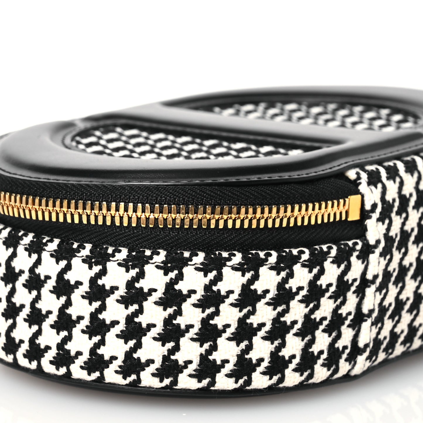 Calfskin Canvas Houndstooth Embroidered CD Signature Oval Crossbody Camera Bag Black White