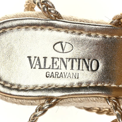 Valentino Garavani Metallic Nappa Woven Roman Stud Macrome Espadrille Wedge Ankle Wrap Sandals 35 Star Gold 6 of 7