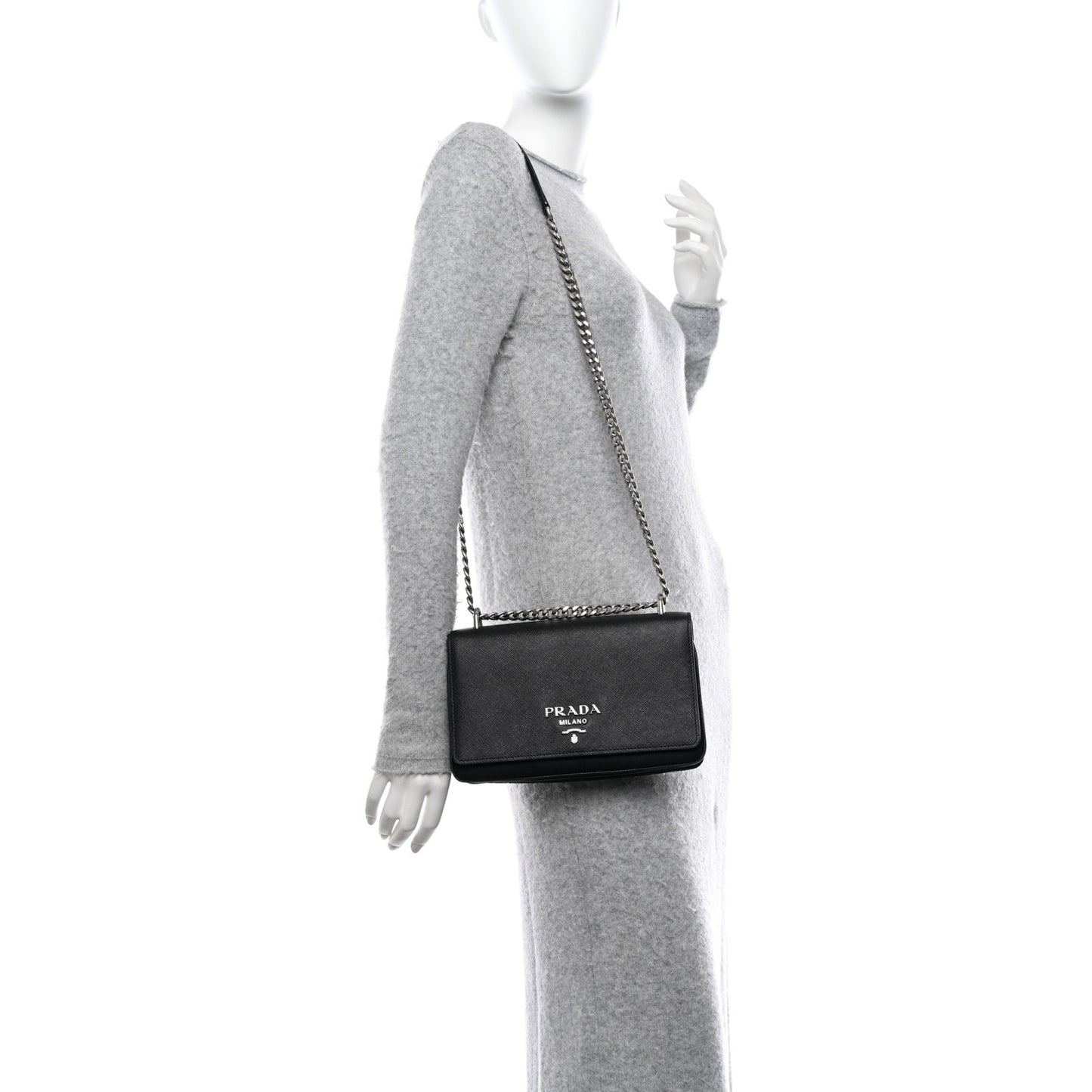 Saffiano Tessuto Nylon Chain Shoulder Bag Black