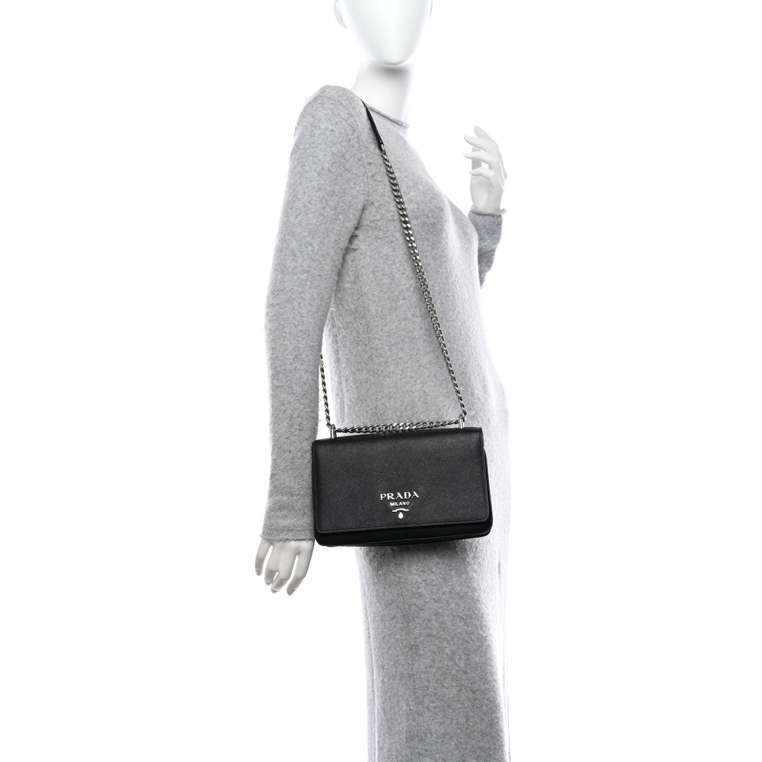 Prada Saffiano Tessuto Nylon Chain Shoulder Bag Black 2 of 9