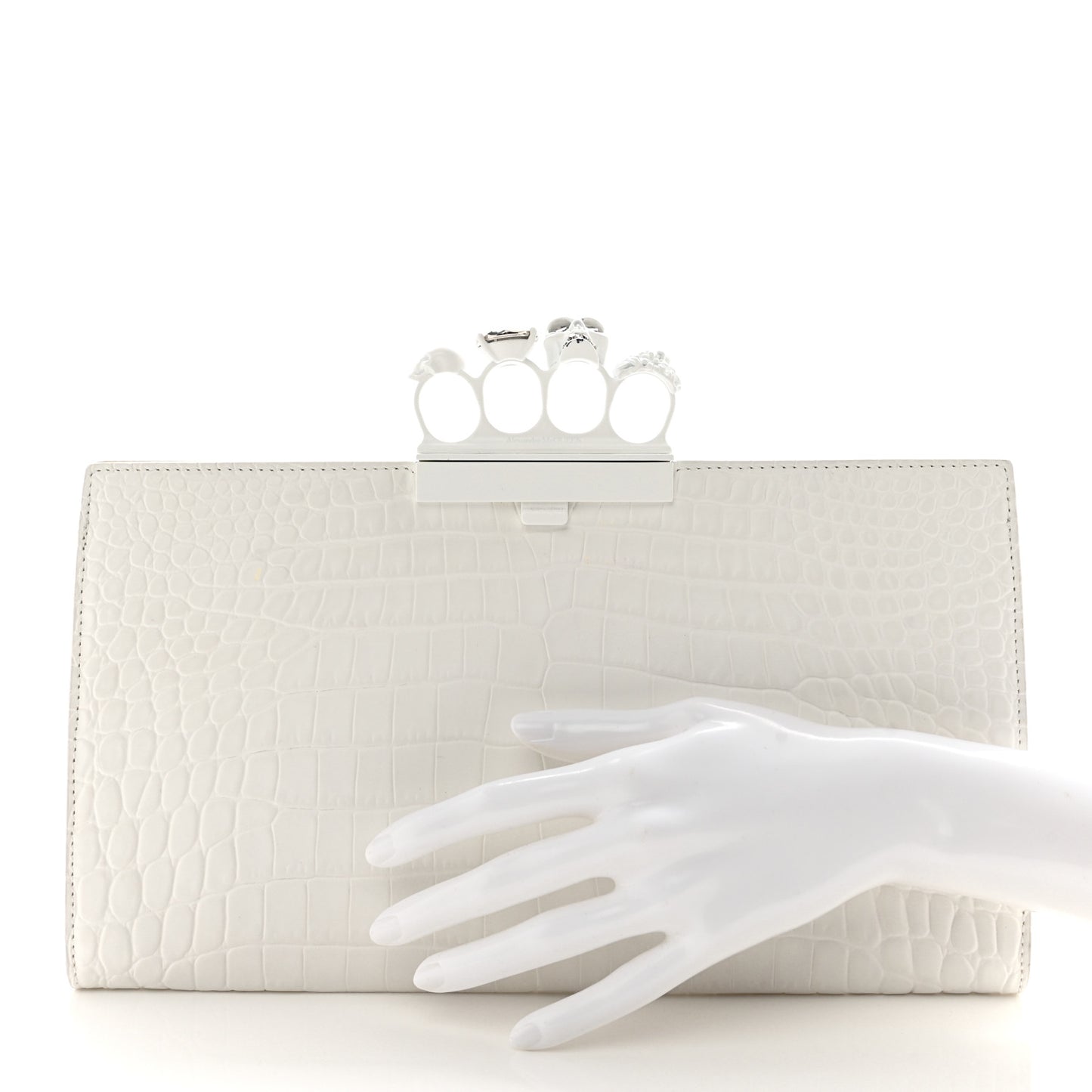 Calfskin Crocodile Embossed Knuckle Flat Clutch White