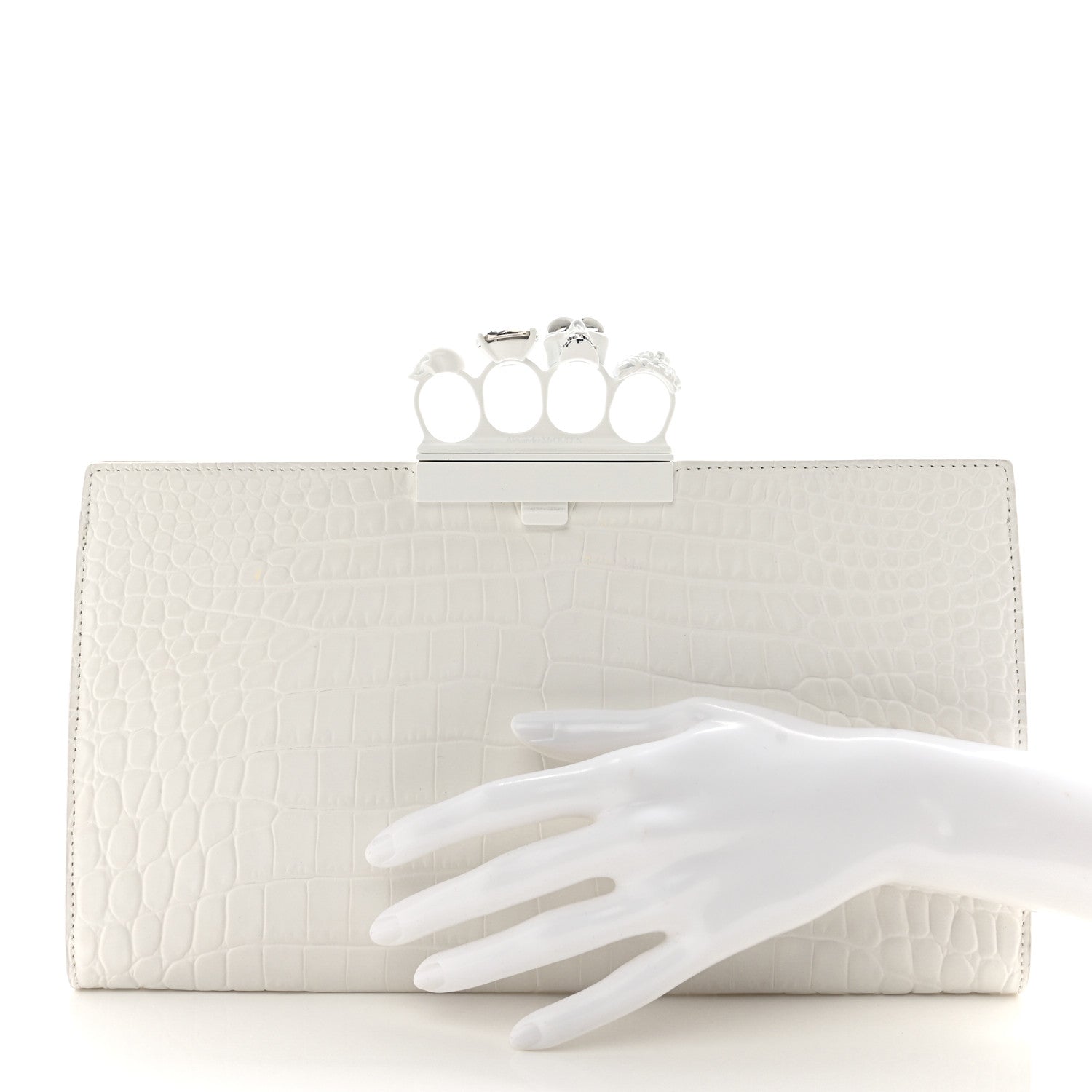 Alexander McQueen Calfskin Crocodile Embossed Knuckle Flat Clutch White 2 of 11