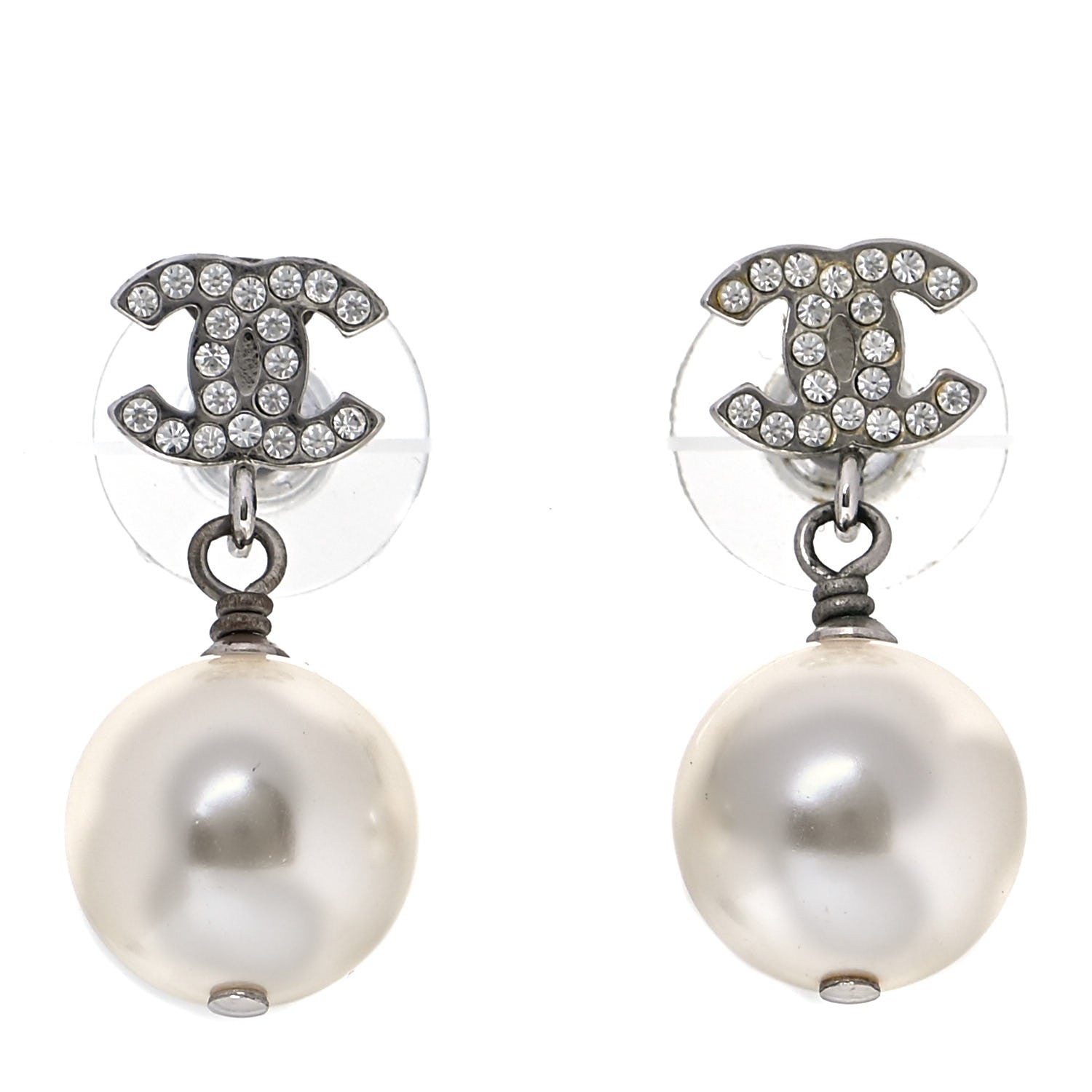 Chanel Crystal Pearl CC Drop Earrings Silver 1 of 4