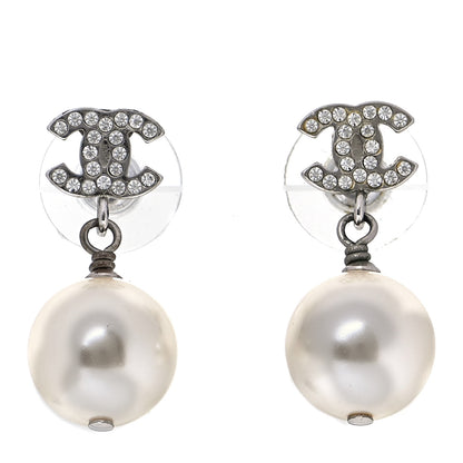 Chanel Crystal Pearl CC Drop Earrings Silver 1 of 4