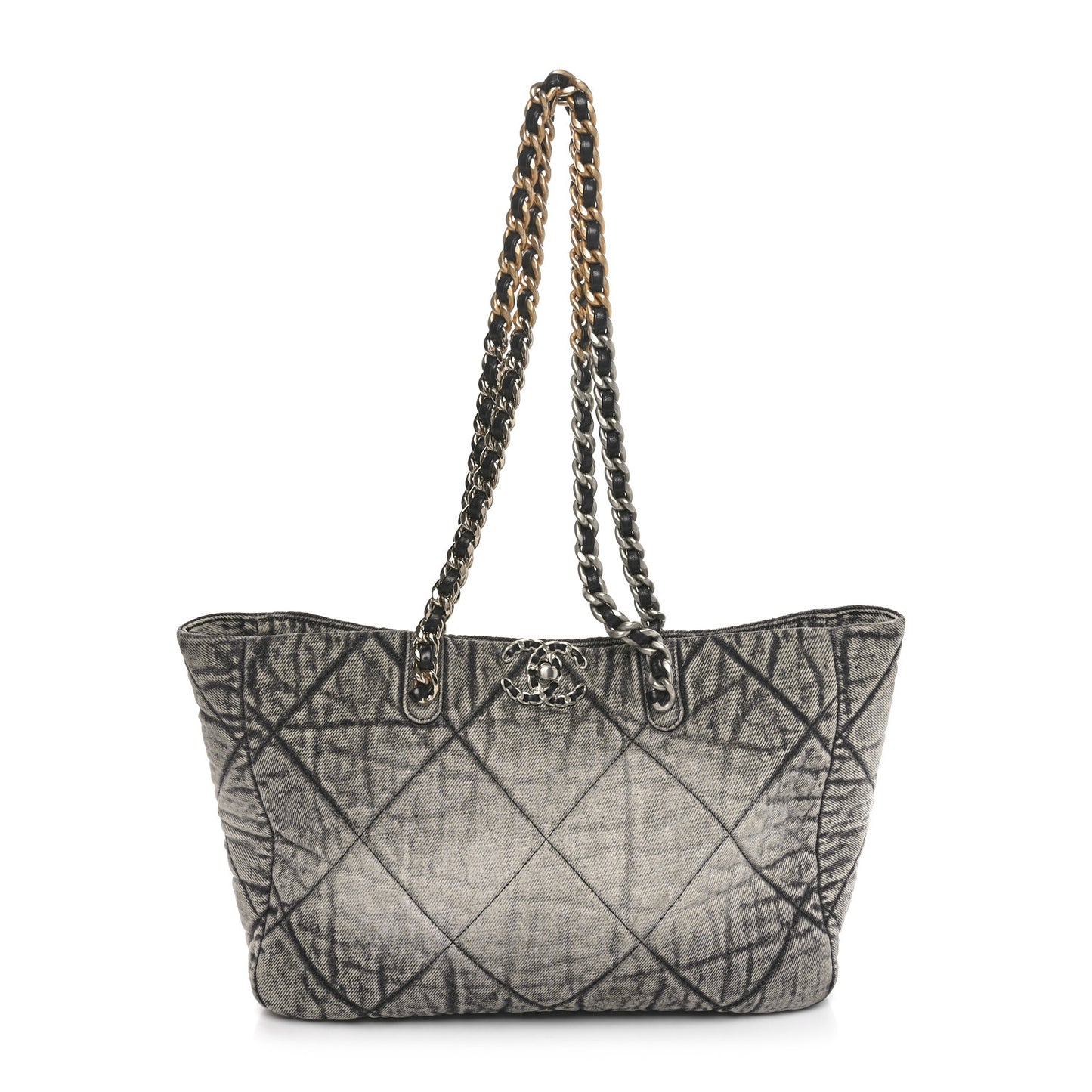 Washed Denim Quilted Chanel 19 East West Shopping Bag Black White