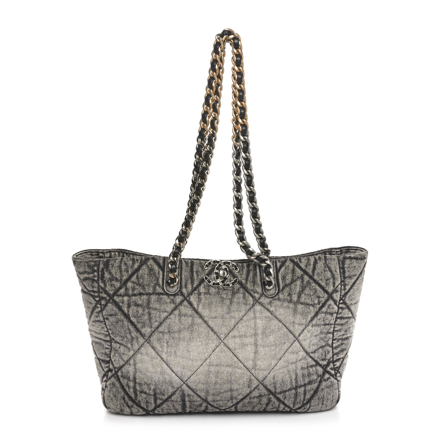 Chanel Washed Denim Quilted Chanel 19 East West Shopping Bag Black White 1 of 10