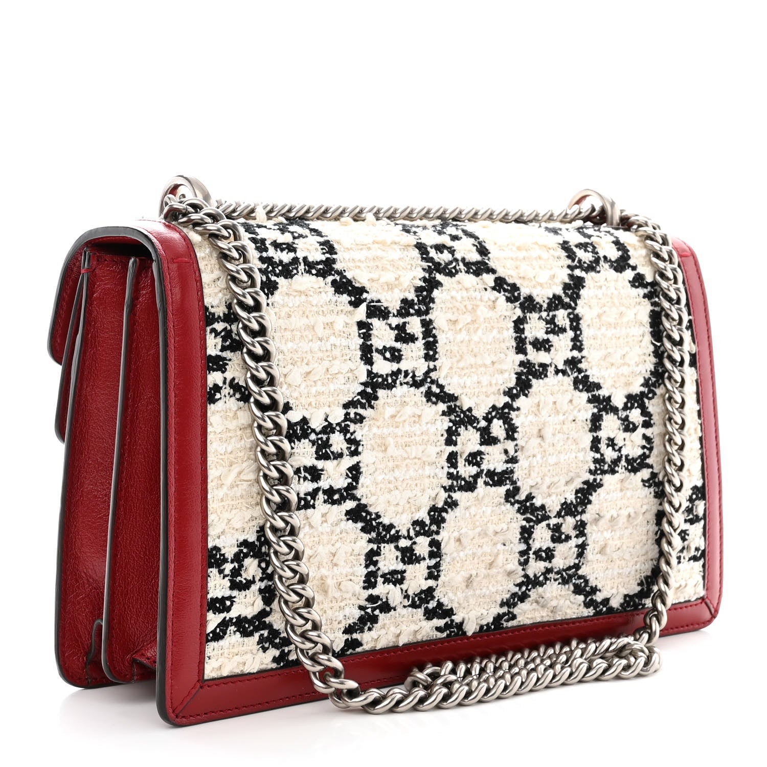 Gucci Tweed GG Monogram Small Dionysus Shoulder Bag White Black Romantic Cherry 3 of 10