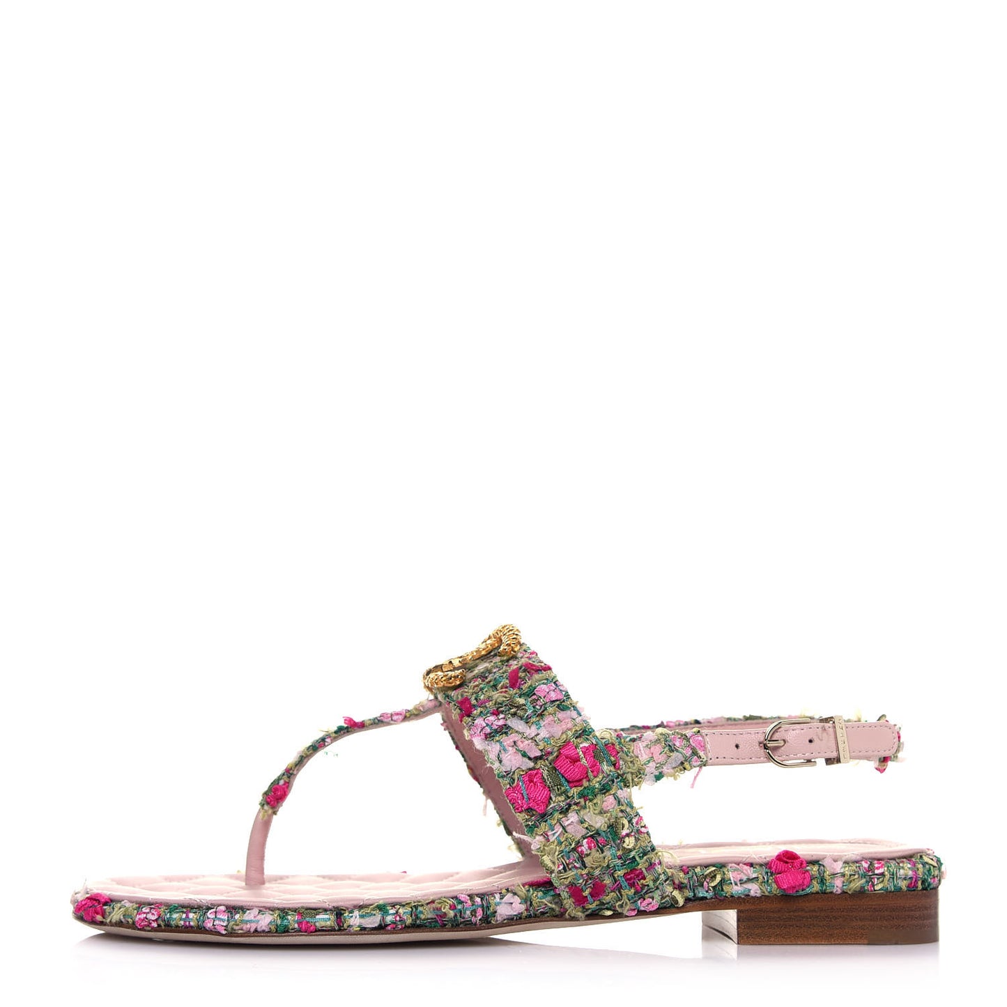 Tweed CC Logo Thong Sandals 37.5 Green Pink White