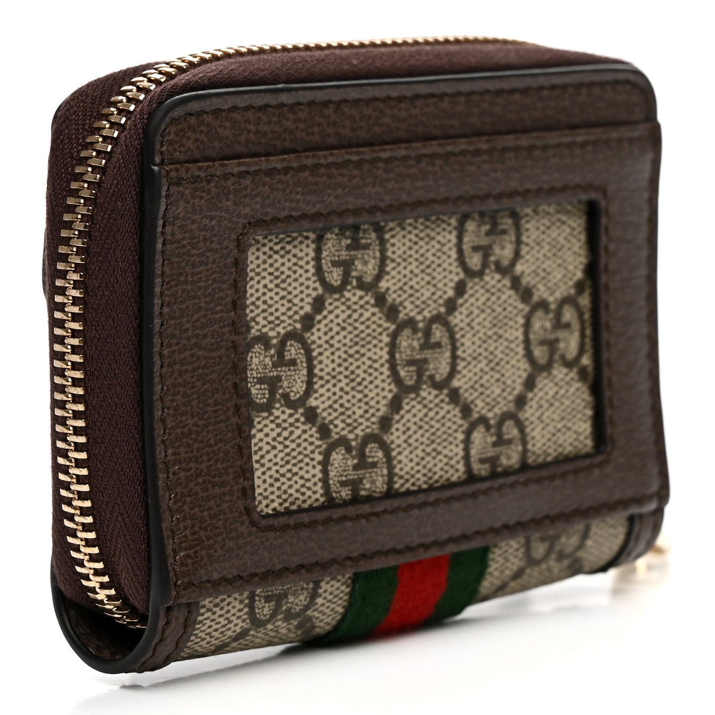GG Supreme Monogram Textured Dollar Calfskin Web Ophidia Zip Around Card Case Wallet Beige Ebony New Acero