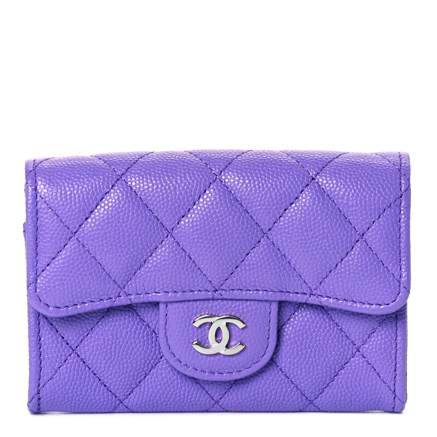 Caviar Quilted Flap Card Holder Wallet Purple