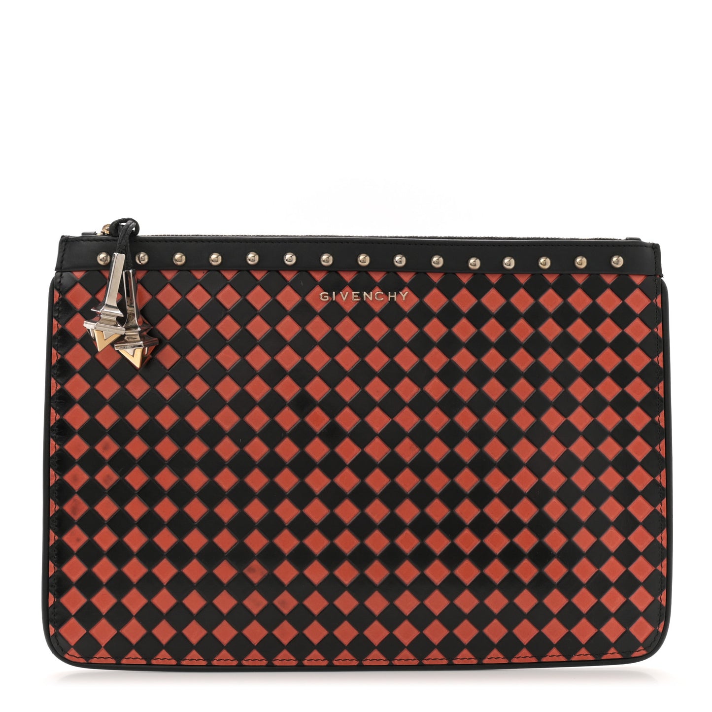 Lambskin Checkered Medium Embossed Zip Pouch Black Orange