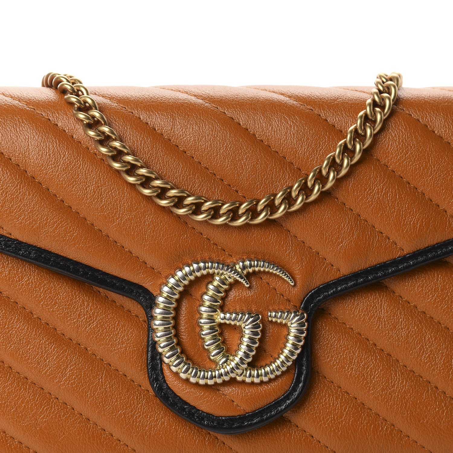 Gucci Vintage Effect Calfskin Matelasse Diagonal Torchon GG Marmont Chain Wallet Cognac 10 of 10