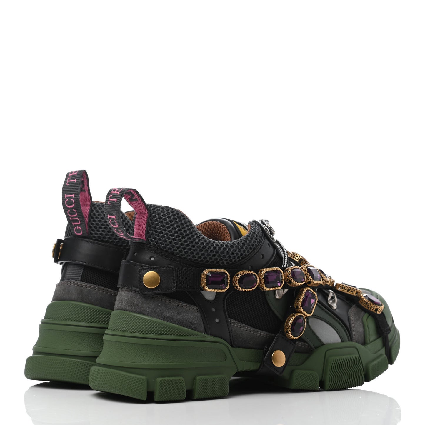 X SEGA Mesh Suede Calfskin Removable Crystals Flashtrek Sneakers 37.5 Loess Black Olive Green