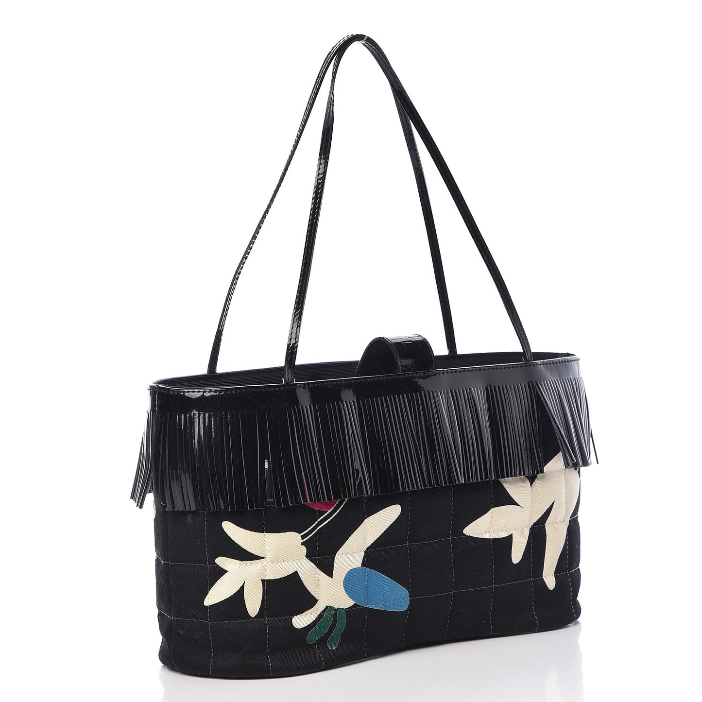 Canvas Patent Fringe Tote Black