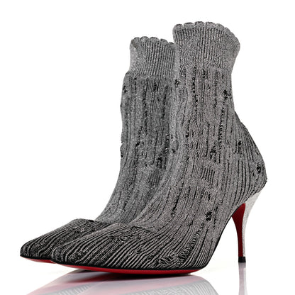 Christian Louboutin Tricot Lurex Sandrine 80 Sock Ankle Boots 36.5 Grey 3 of 8