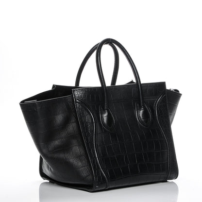 Celine Crocodile Embossed Calfskin Medium Phantom Luggage Black 3 of 10