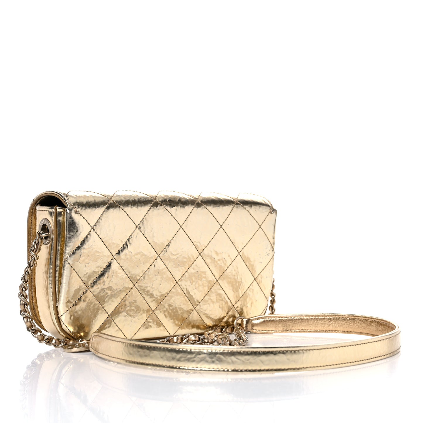 Hammered Metallic Calfskin Quilted Flap Gold