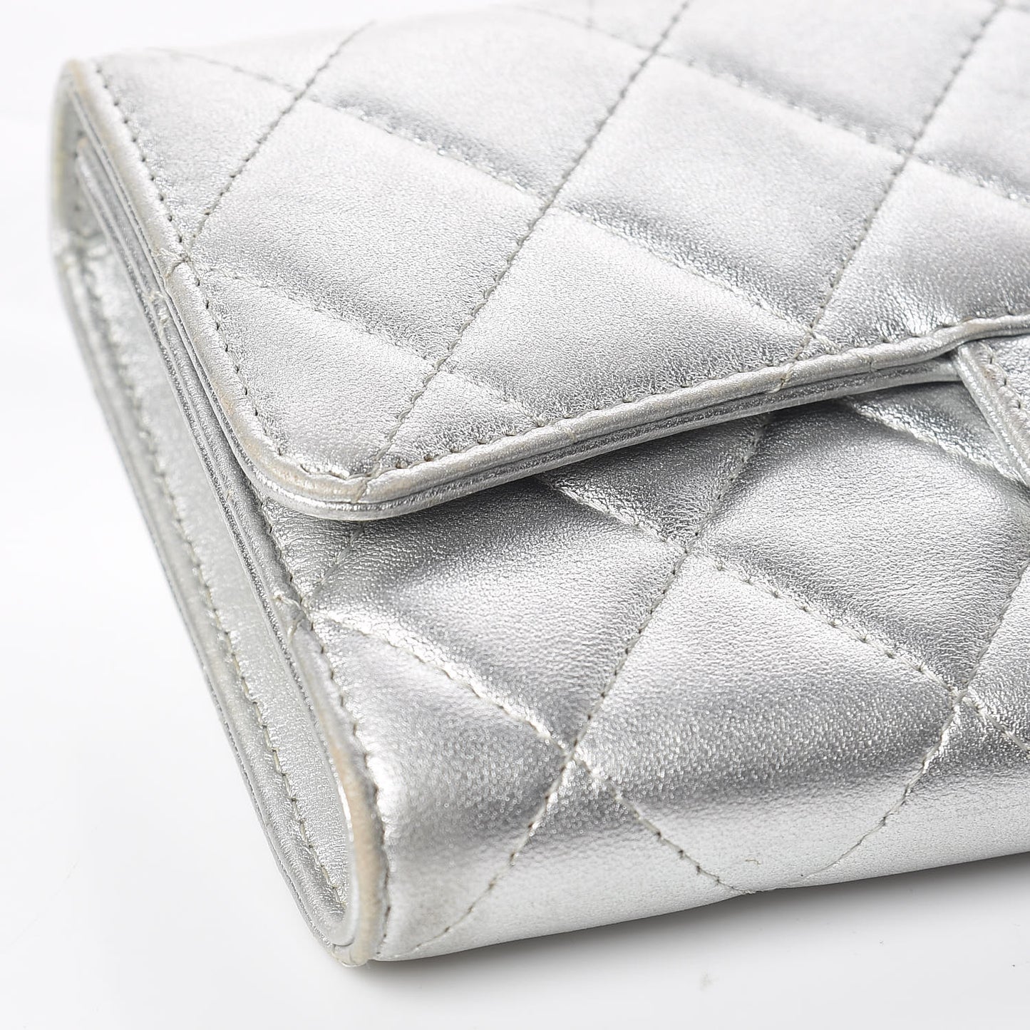 Metallic Lambskin Quilted Long Flap Wallet Silver