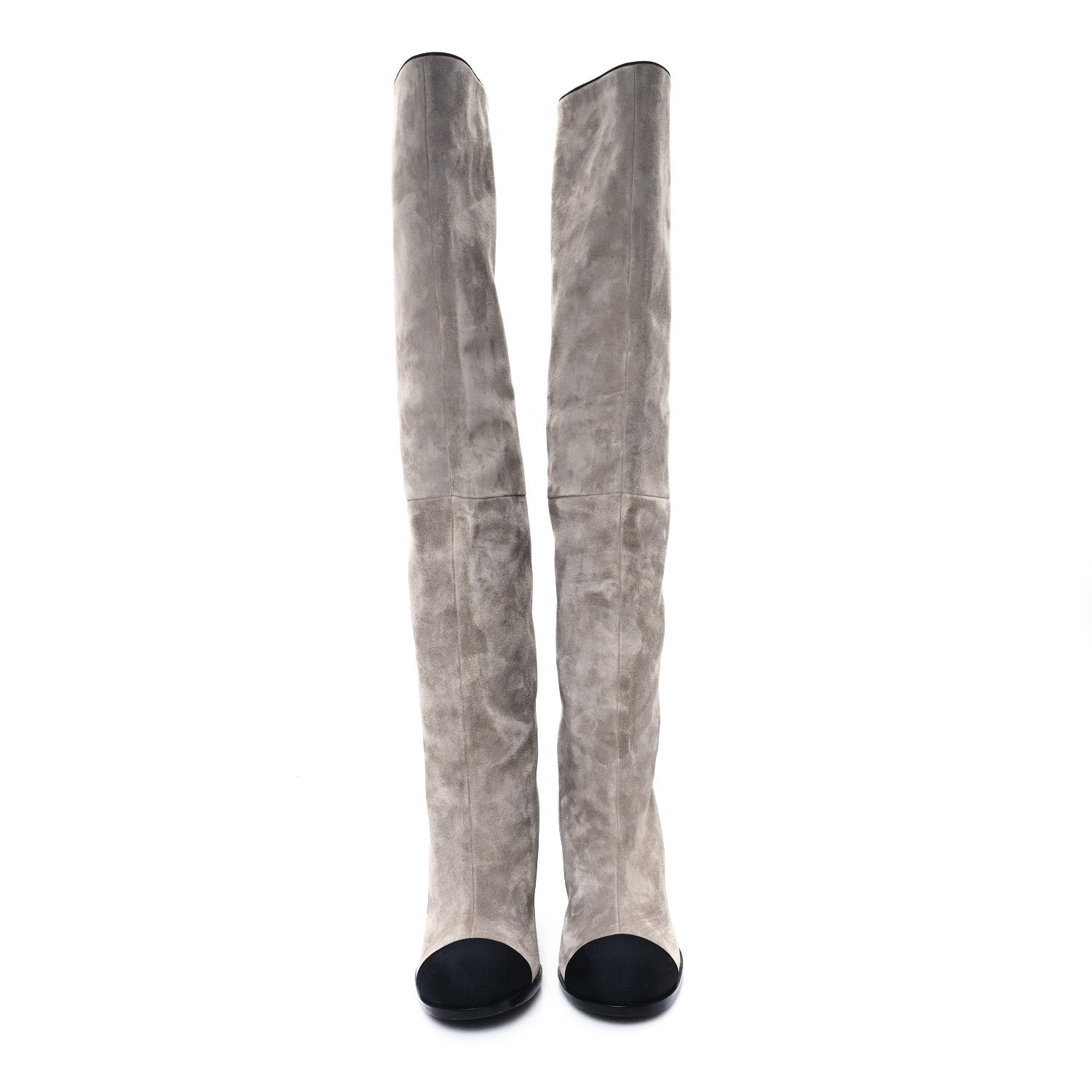 Chanel Suede Calfskin Grosgrain Cap Toe Knee High Boots 36.5 Grey Black 2 of 9