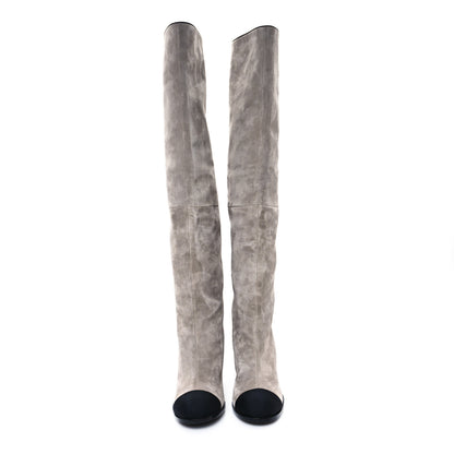 Chanel Suede Calfskin Grosgrain Cap Toe Knee High Boots 36.5 Grey Black 2 of 9