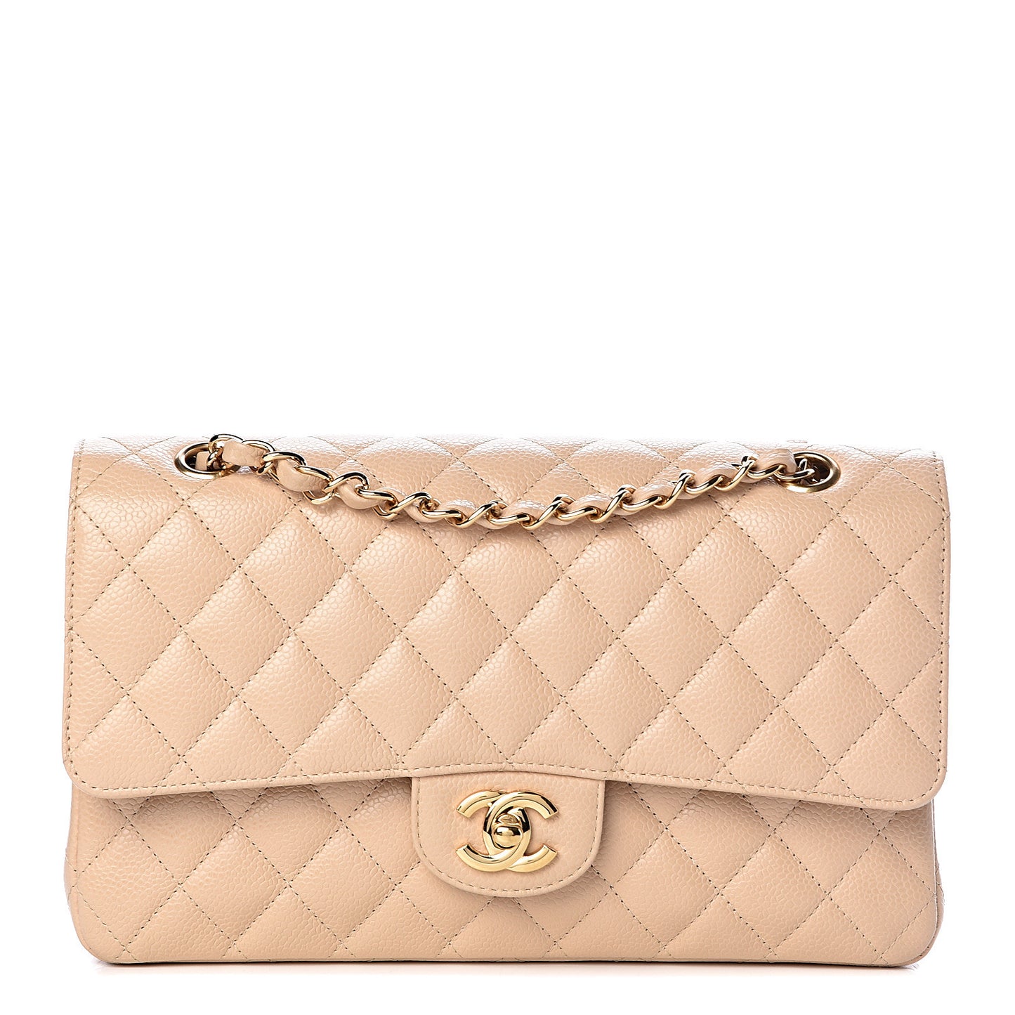 Caviar Quilted Medium Double Flap Beige Clair
