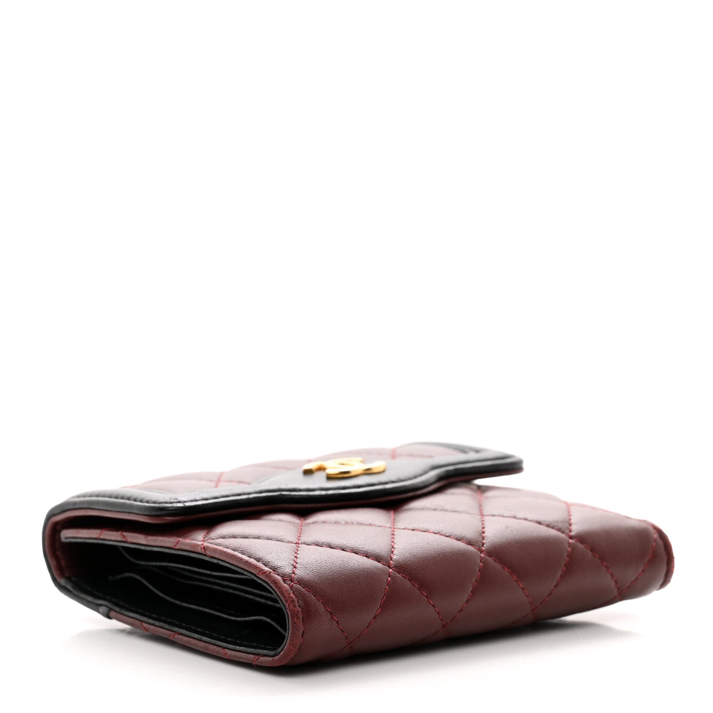 Lambskin Quilted Two Tone Day Compact Flap Wallet Burgundy