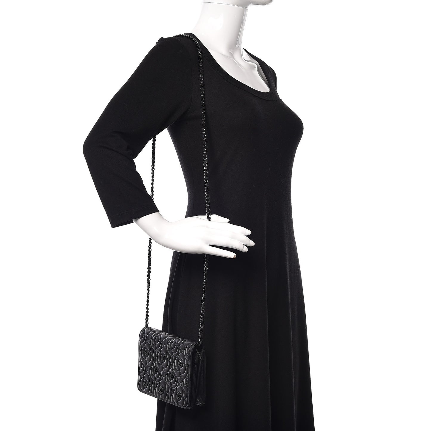 Lambskin Camellia Crystal Wallet on Chain WOC Black