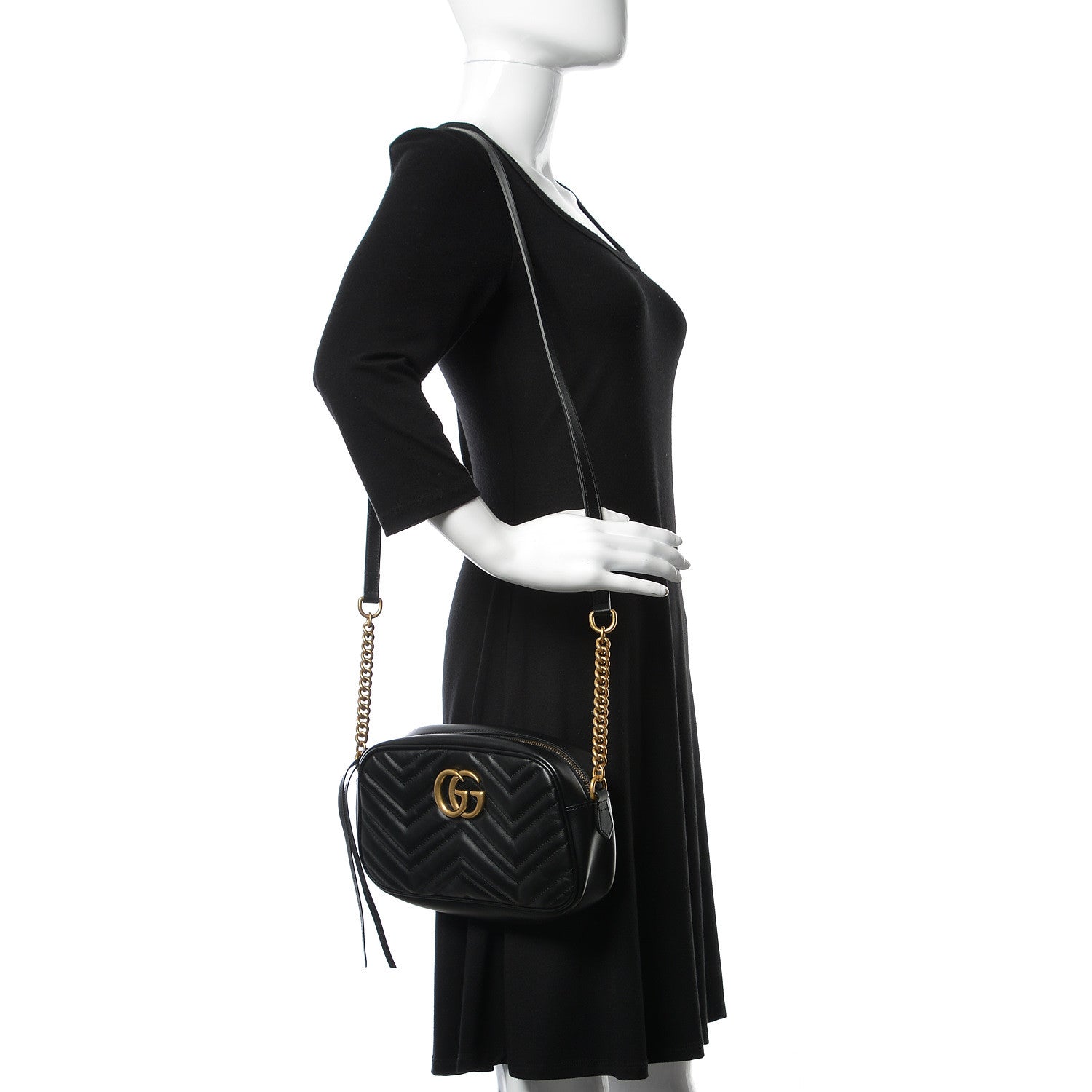 Gucci Calfskin Matelasse Small GG Marmont Chain Shoulder Bag Black 2 of 9