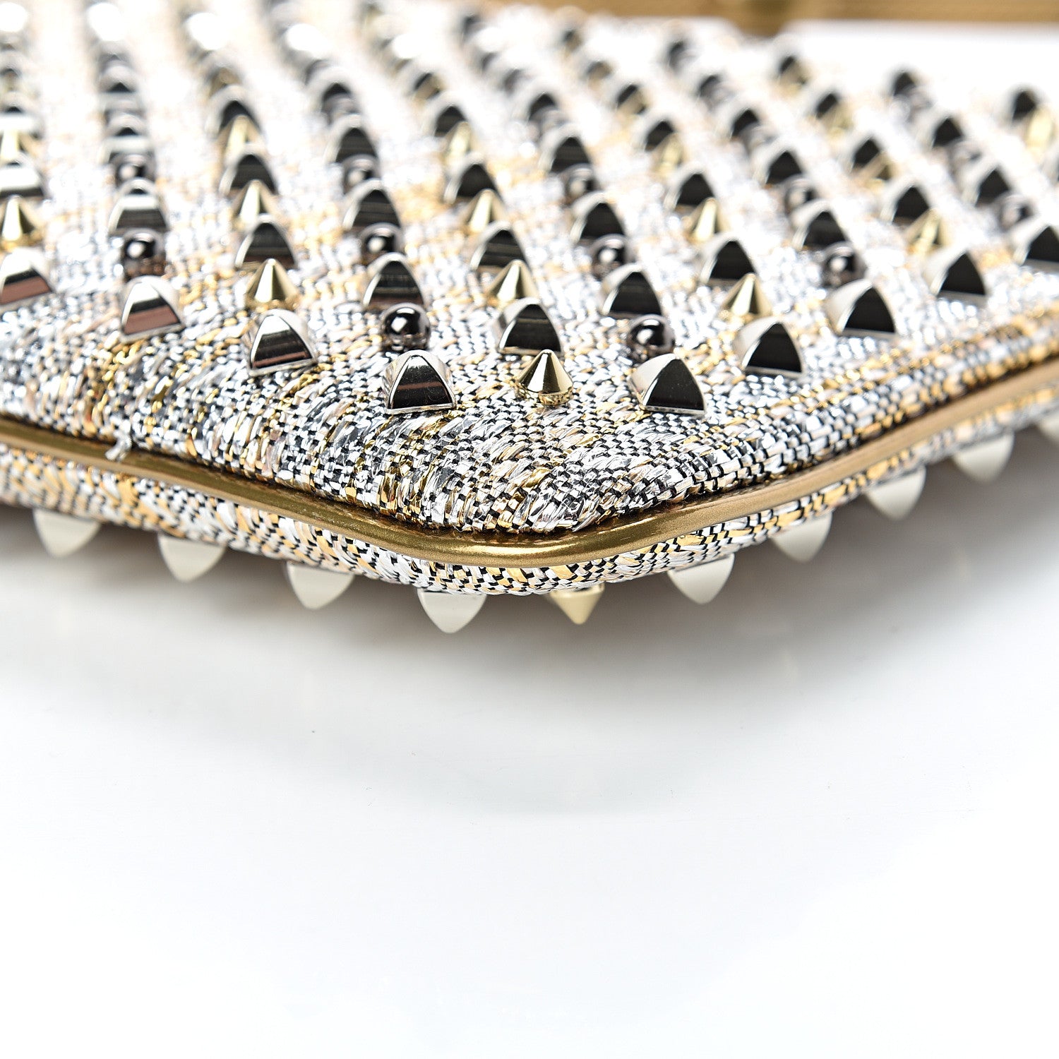 Christian Louboutin Metallic Raffia Spikes Loubiposh Chain Clutch Silver Gold 9 of 11