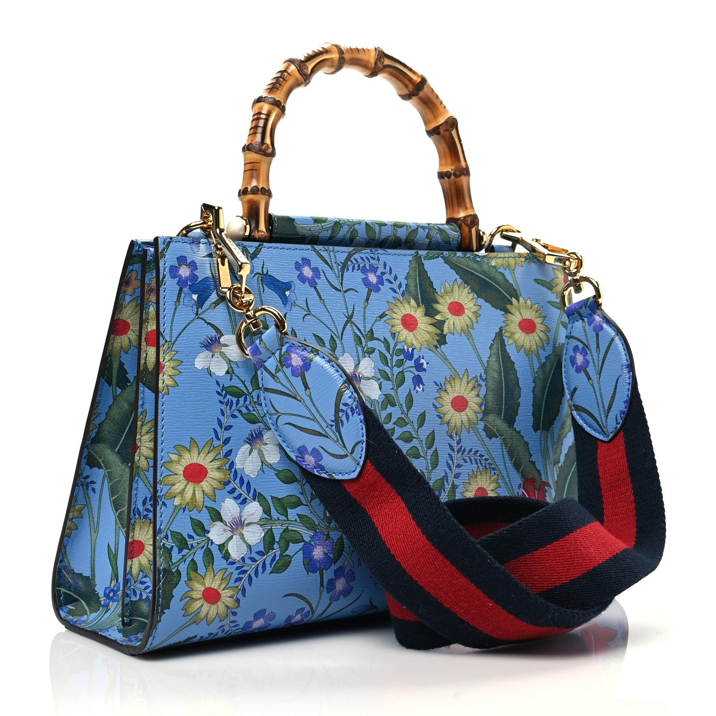 Calfskin Bamboo Web New Flora Small Nymphaea Top Handle Bag Azure