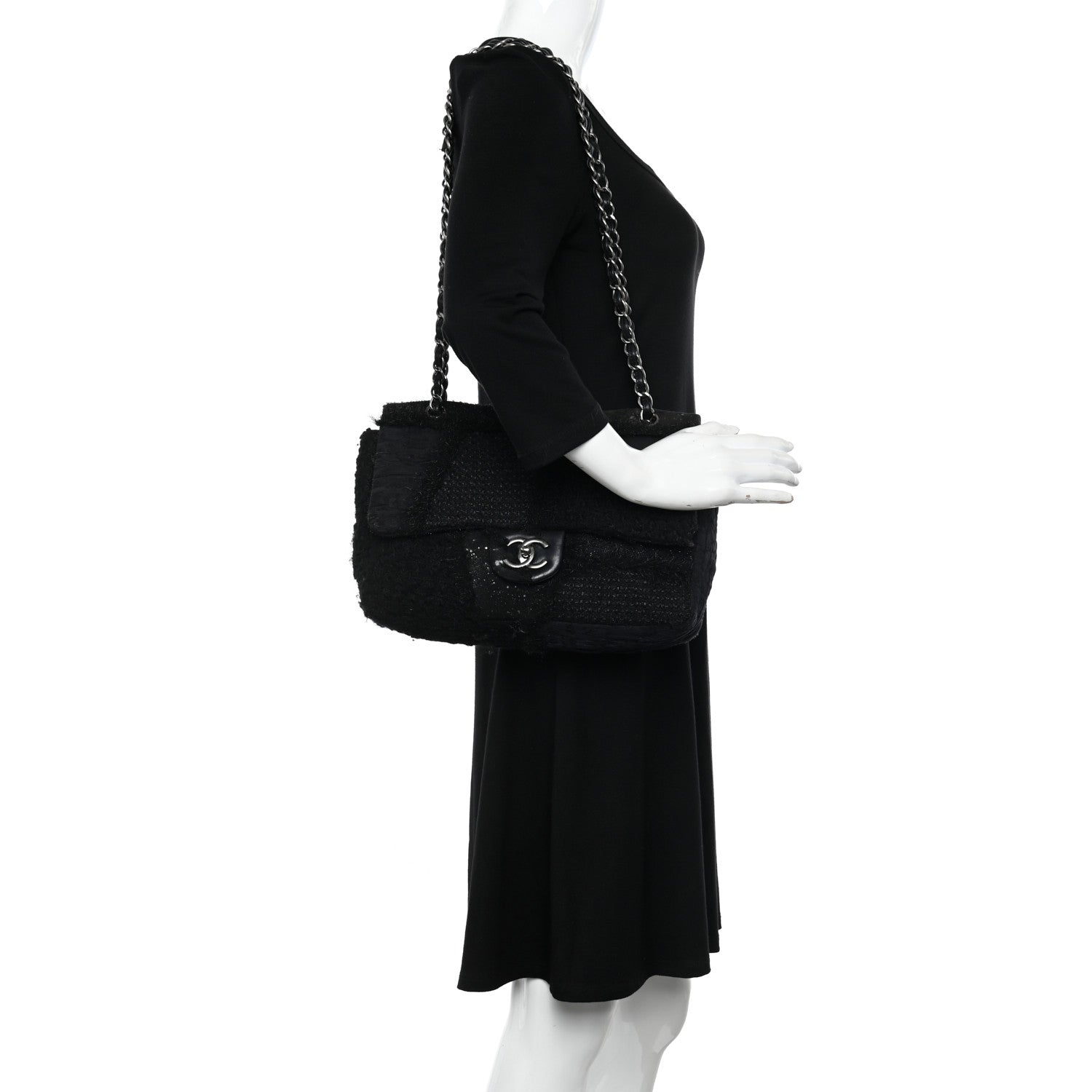 Chanel Tweed Faux Fur Patchwork Jumbo Single Flap Black 2 of 11