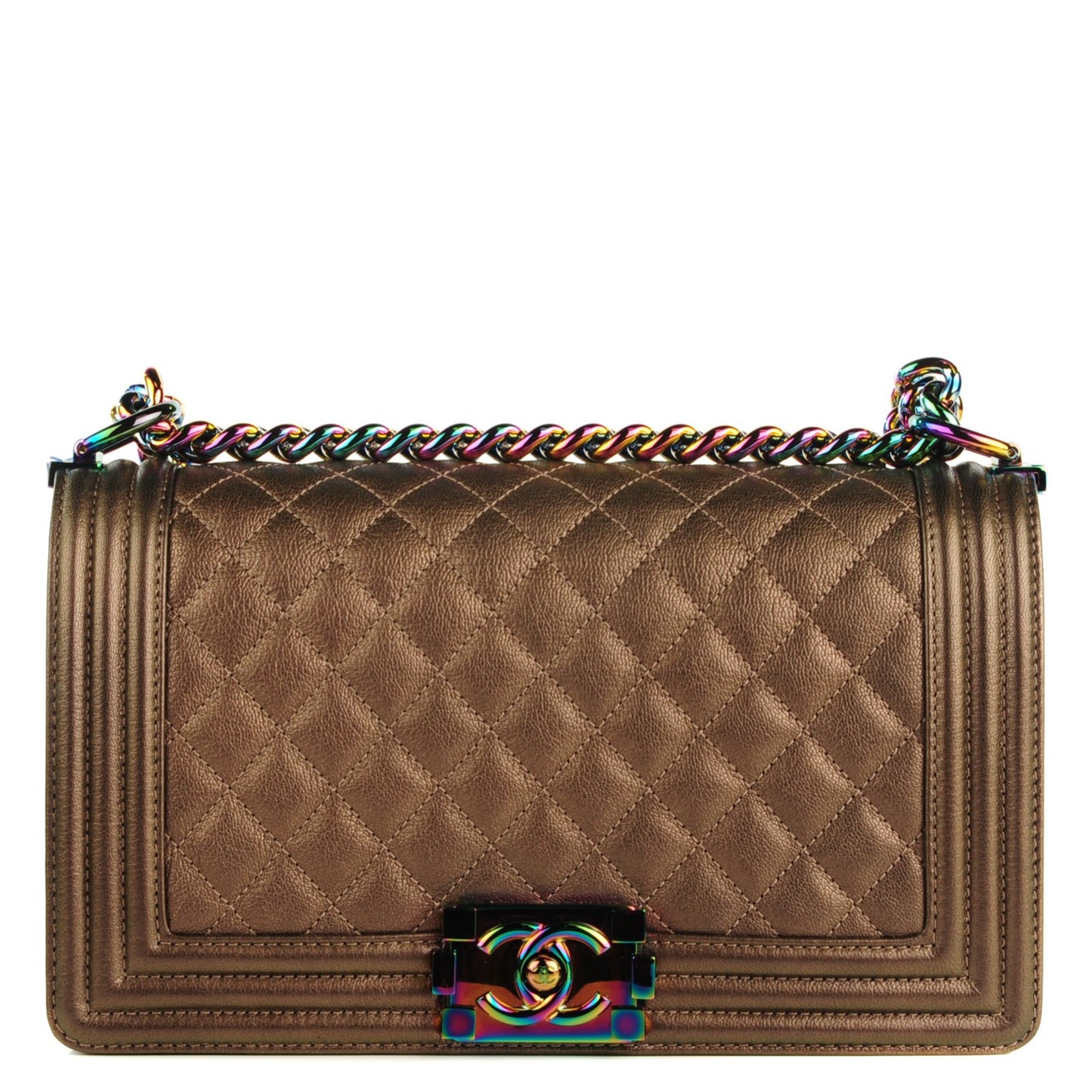 Iridescent Goatskin Quilted Medium Boy Flap Dark Gold